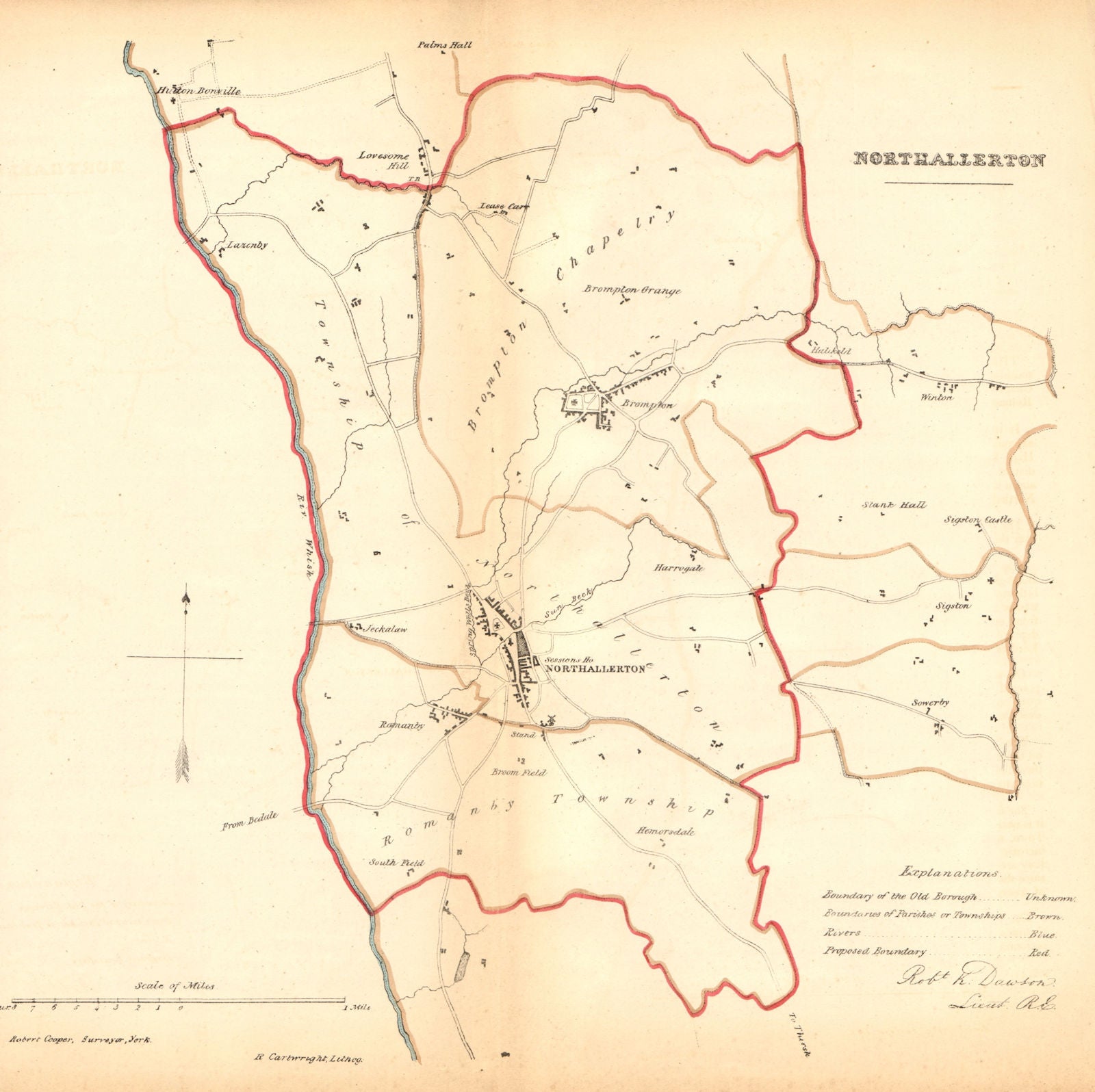 NORTHALLERTON borough/town plan. REFORM ACT. Brompton Romanby. DAWSON 1832 map